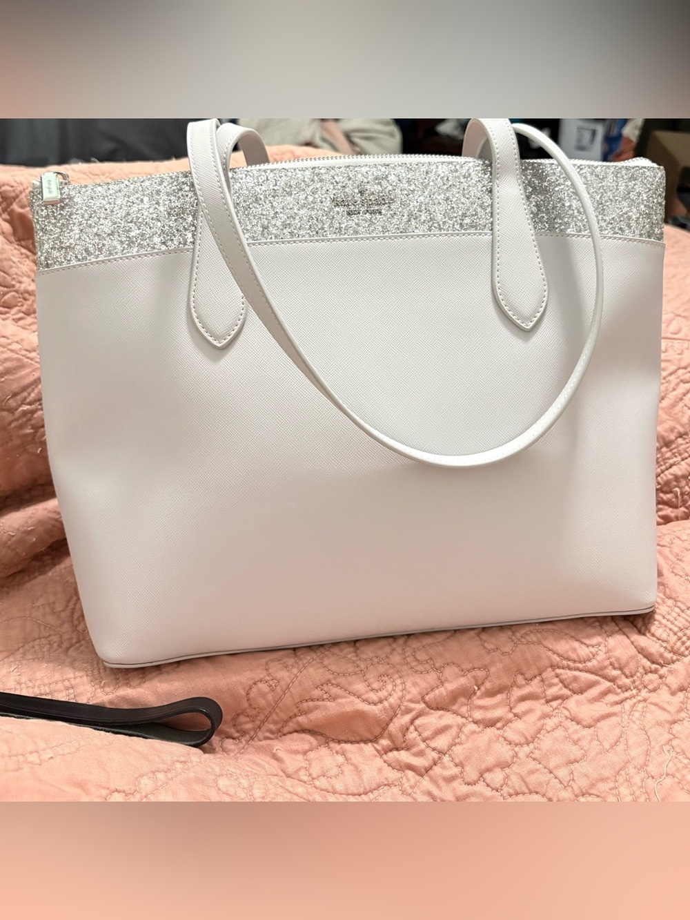 Low start $5 kate spade White Tote with Silver Glitter Trim - Picture 2 of 7
